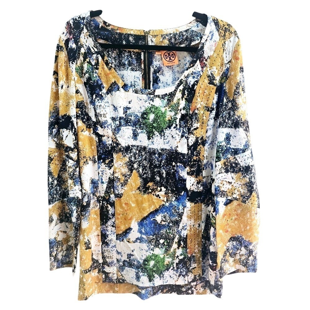 Tory Burch 100% Silk Abstract Print Long Sleeve Top Size 8 Multi-Color Blouse